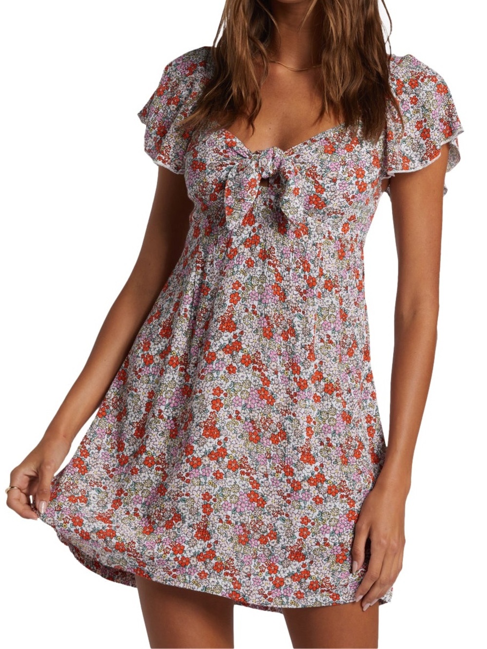 NWT Roxy Oceanview Mini Dress: Floral Tie-Front Dress in White, Red & Pink